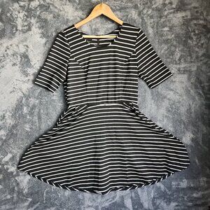 BCX Juniors Women Black 1/2 Short Sleeve Fit + Flare Dress Size 13 Striped Zip